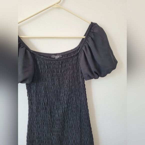Trixxi Black Smocked Ruched Midi Dress Puff Sleeves Ruffle Vamp Witch Whimsigoth - Picture 9 of 12